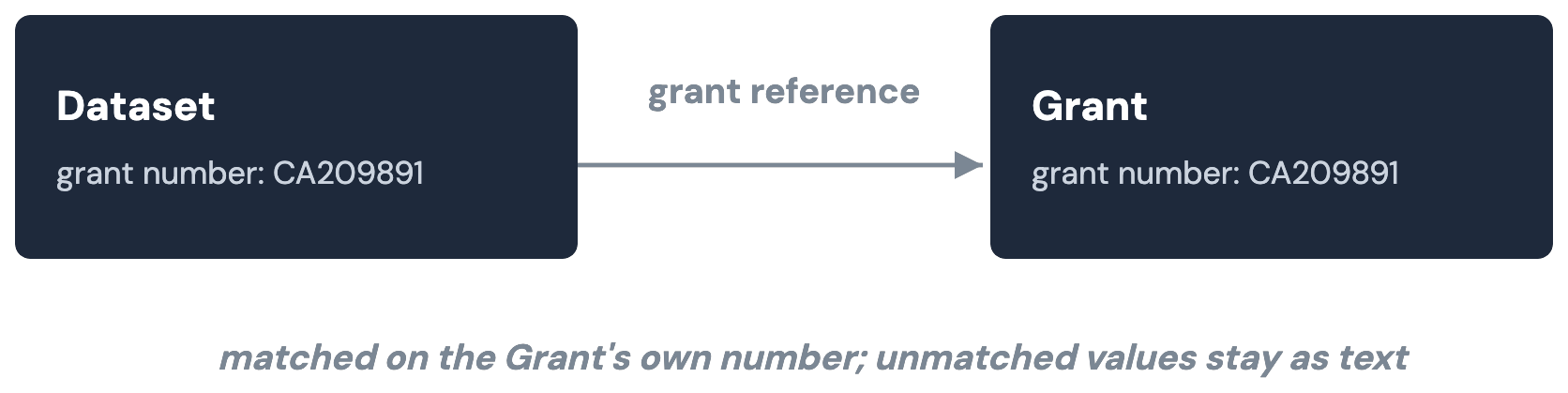 A Dataset's grant number matched to its Grant, next to an unmatched value that stays as plain text.